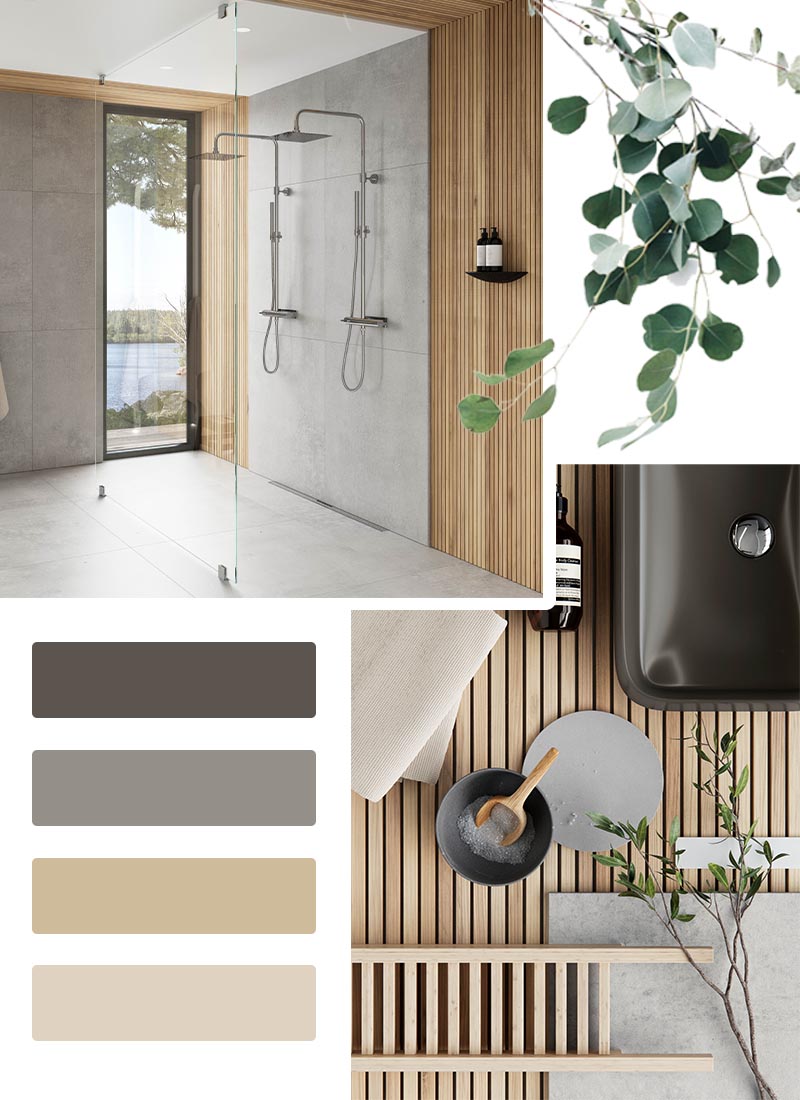 Moodboard i en naturlig fargepalett med INR ARC 43 dusjløsning