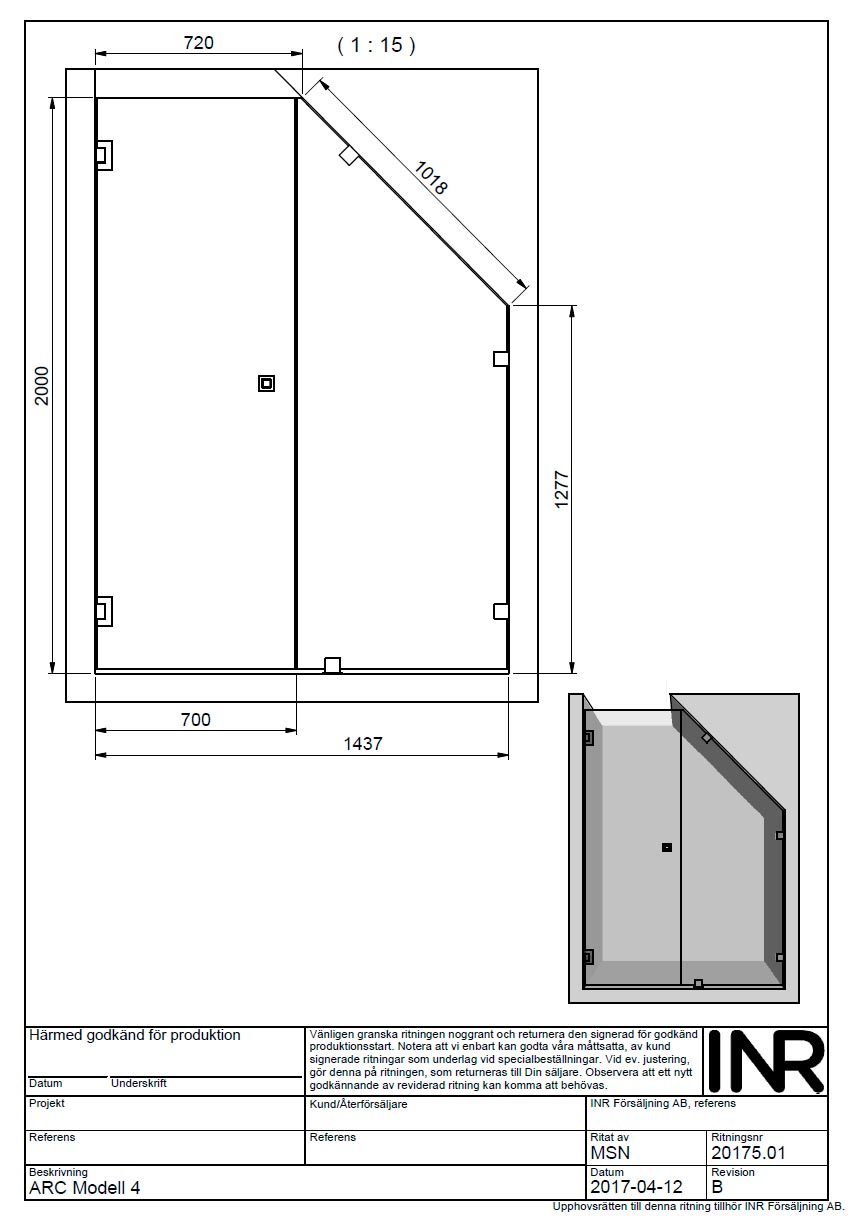 Teknisk tegning av en INR ARC 4 dusjløsning tilpasset skråtak